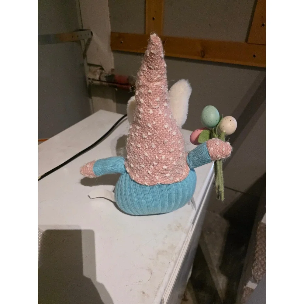Easter Bunny Gnome Plush Shelf Sitter Pink Blue Striped Legs Speckled Eggs - Picture 3 of 4
